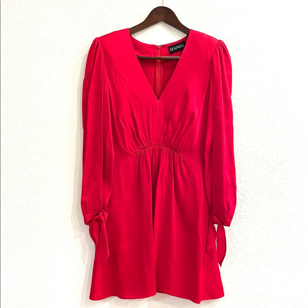 NWT Haney Red Split Sleeve Gathered Satin Dress - Picture 10 of 16